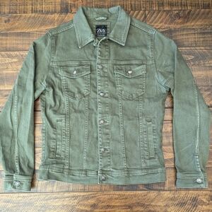 Zara Olive Green Denim Trucker Jacket Women's Size Large